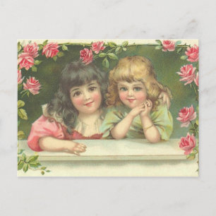 Postale 2 Filles victoriennes Roses roses Vintages Carte p