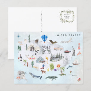 Postale Amérique Carte de l'aquarelle illustrée USA