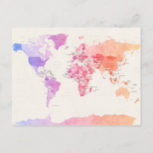 Postale Aquarelle Carte politique du monde