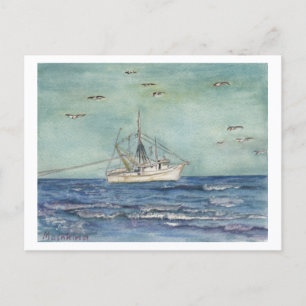 Postale Aquarelle de bateau à crevettes. Carte postale.