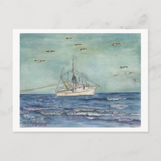 Postale Aquarelle de bateau à crevettes. Carte postale. (Devant)