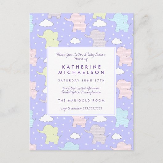 Postale Baby shower | Purple Pastel Elephants Carte postal (Devant)