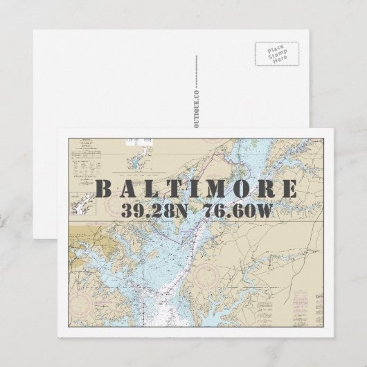 Postale Baltimore MD Carte marine Latitude Longitude (Devant / Derrière)