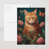 Postale Belle Chat Gingembre Avec Roses Roses Rose Carte P (Devant / Derrière)