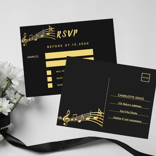 Postale Black gold notes retour adresse carte RSVP