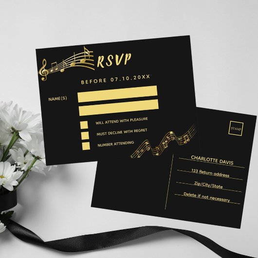 Postale Black gold notes retour adresse carte RSVP