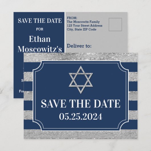 Postale Blue, Grey Bar Mitzvah Enregistrer la date Carte p (Devant / Derrière)