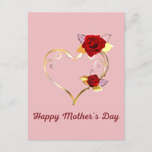 Postale Bonne fête des Mères Coeur d'or et carte Rose