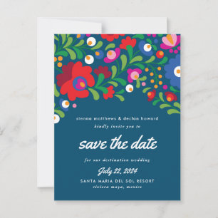 Postale Broderie mexicaine Bleu Enregistrer la date Carte 