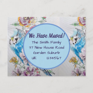 Postale Budgie Flowers Nouvelle Adresse Carte Postale, Nou