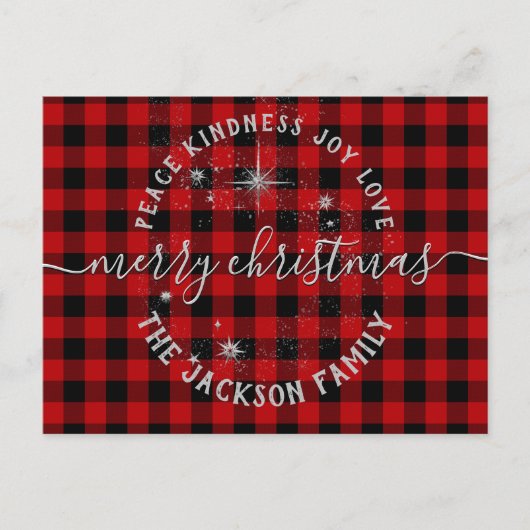 Postale Buffalo Plaid Argent Script Joyeuse carte de Noël (Devant)