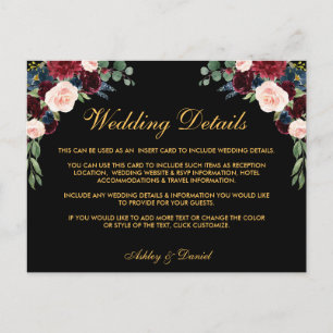 Postale Burgundy Floral Détails du Mariage Insertion Carte