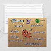 Postale Caractéristiques du zodiaque du Taurus carte posta (Devant / Derrière)