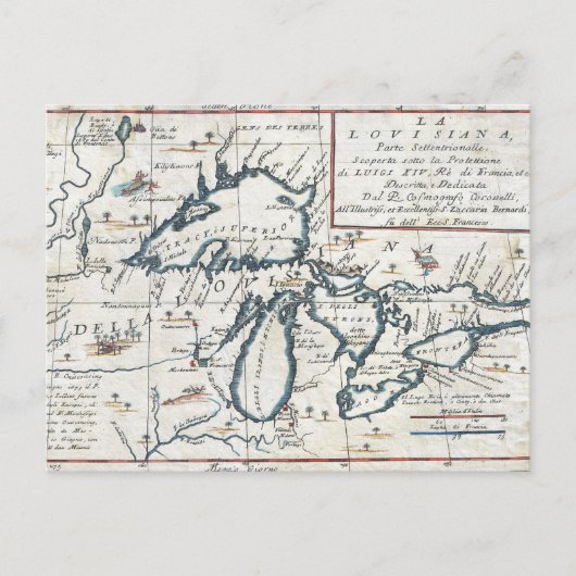 Postale Carte ancienne des Grands Lacs, 17e siècle (Devant)