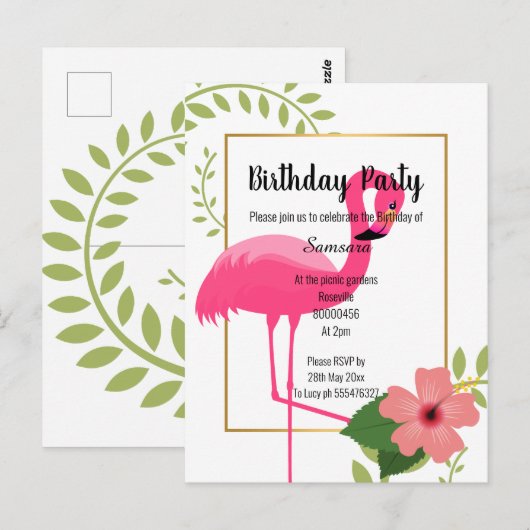 POSTALE CARTE ANNIVERSAIRE BLANC OR BRIGHT FLAMINGO HIBISC (Devant / Derrière)