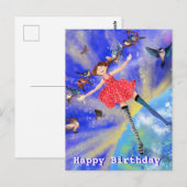 Postale Carte Anniversaire - Bonne fille aux oiseaux (Devant / Derrière)