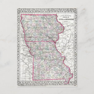 Postale Carte antique de l'Iowa & Missouri vers 1874