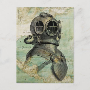 Postale Carte Antique Nautique et Casque de plongée