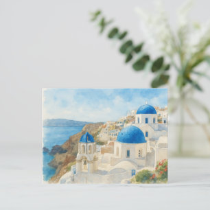 Postale Carte aquarelle de Santorin Grèce, Église à dôme b