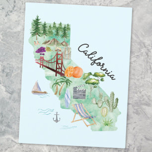 Postale Carte artistique de l'État de Californie à l'aquar