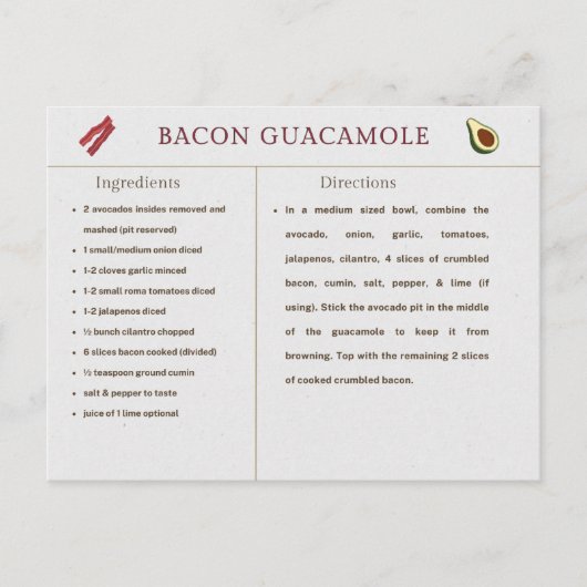 Postale Carte Bacon Guacamole Thanksgiving Recette (Devant)