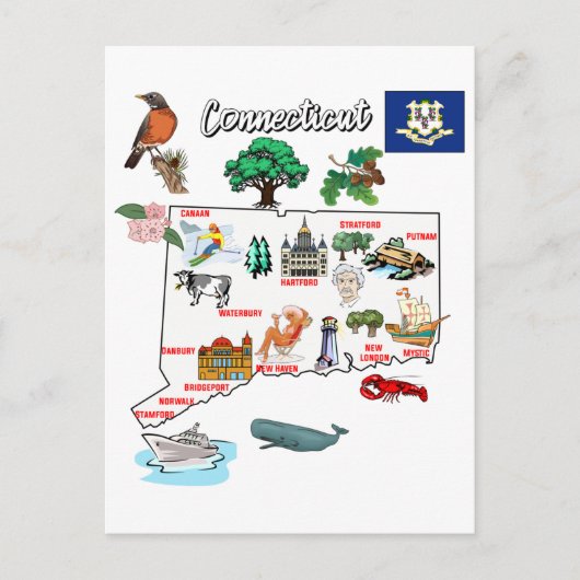 Postale Carte Connecticut avec destinations touristiques (Devant)