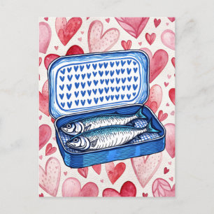 Postale Carte d'amour à l'aquarelle de sardines vintage