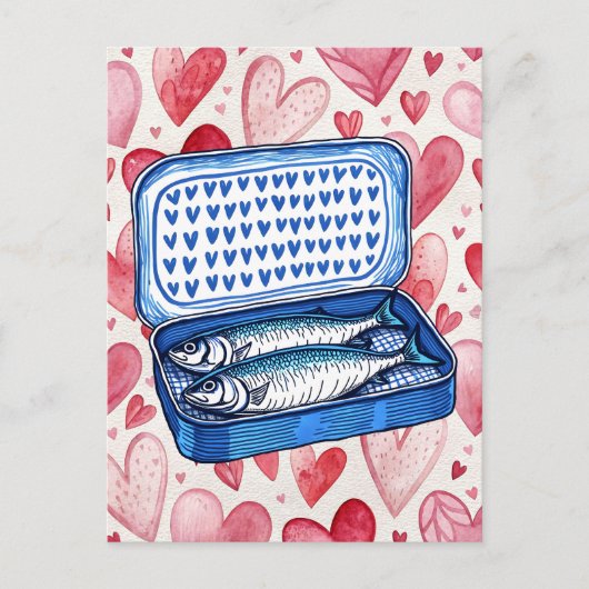 Postale Carte d'amour à l'aquarelle Sardines Vintage Cœurs (Devant)