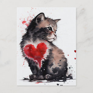 Postale Carte d'amour mignonne chat et coeur rouge