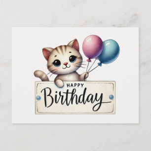 Postale Carte d'anniversaire Adorable Chat avec Ballons