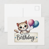 Postale Carte d'anniversaire Adorable Chat avec Ballons (Devant / Derrière)
