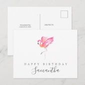 Postale Carte d'anniversaire au flamant rose aquarelle (Devant / Derrière)