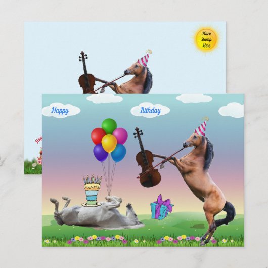 Postale Carte d'anniversaire de cheval jouant du violon (Devant / Derrière)