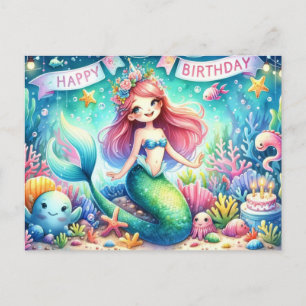 Postale Carte d'anniversaire de sirène magique - Aquarelle