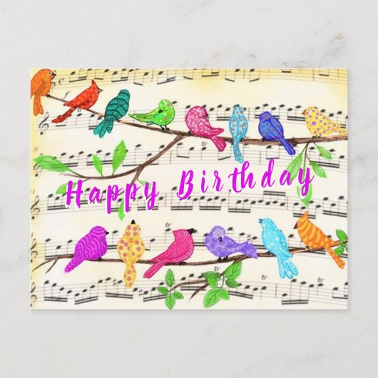 Postale Carte d'anniversaire d'oiseaux musicaux colorés du (Devant)