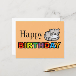 Postale carte d'anniversaire heureuse de chat tigre gris