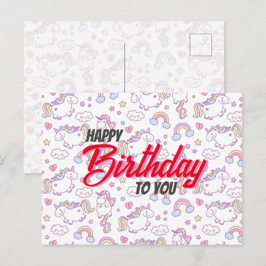 Postale carte d'anniversaire licorne mignonne  (Devant / Derrière)