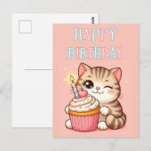 Postale Carte de bonne anniversaire chat gâteau (Devant / Derrière)