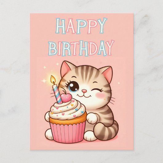 Postale Carte de bonne anniversaire chat gâteau (Devant)
