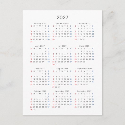 Postale Carte de calendrier 2027 : début dimanche, noir et (Devant)