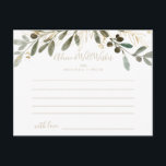 Postale Carte de conseil Mariage de automne Gold Green<br><div class="desc">Cette carte de conseil mariage de automne de verdure dorée est parfaite pour une mariage moderne. Le design présente un charmant feuillage artistique vert et or. Ces cartes sont parfaites pour un mariage, une douche nuptiale, un baby shower, une fête de remise de diplômes et plus encore. Personnalisez les cartes...</div>