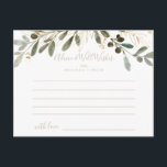 Postale Carte de conseil Mariage de automne Gold Green<br><div class="desc">Cette carte de conseil mariage de automne de verdure dorée est parfaite pour une mariage moderne. Le design présente un charmant feuillage artistique vert et or. Ces cartes sont parfaites pour un mariage, une douche nuptiale, un baby shower, une fête de remise de diplômes et plus encore. Personnalisez les cartes...</div>