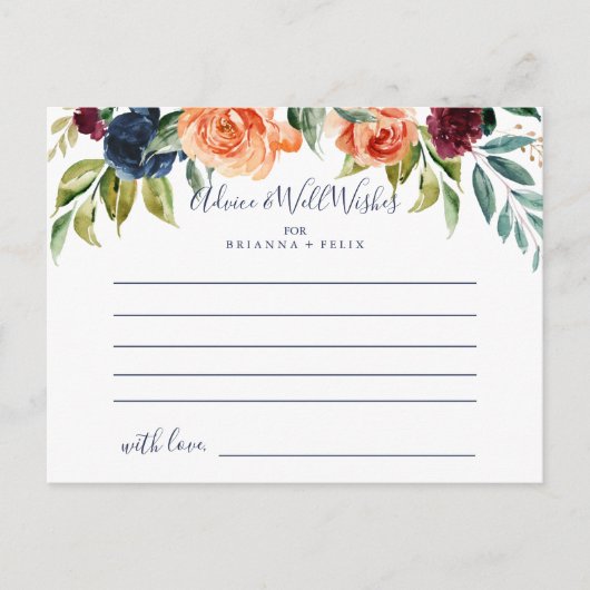Postale Carte de conseil pour Mariage Floral Élégant Multi (Devant)
