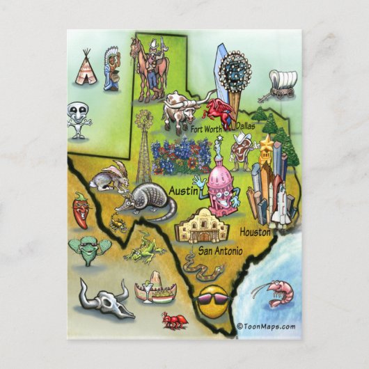 Postale Carte de dessin du Texas (Devant)