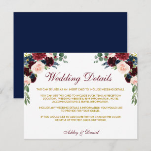 Postale Carte de détails de mariage pliée florale bleue Bo