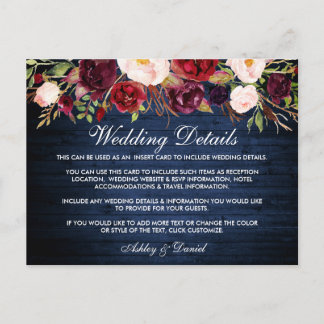 Postale Carte de détails du Mariage en bois bleu rustique