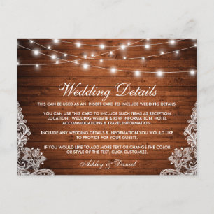 Postale Carte de détails du Mariage en dentelle rustique