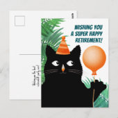 Postale Carte de fête de retraite avec chat noir et ballon (Devant / Derrière)