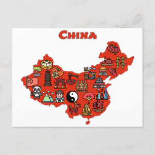 Postale carte de la Chine avec les icônes des destinations