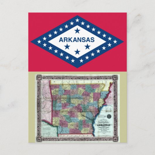 Postale Carte de l'Arkansas et drapeau de l'État (Devant)